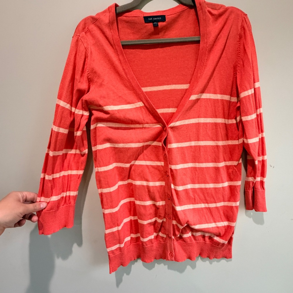 The Limited Striped Cardigan Sweater Womens XXL Pink White Cotton Preppy Classic